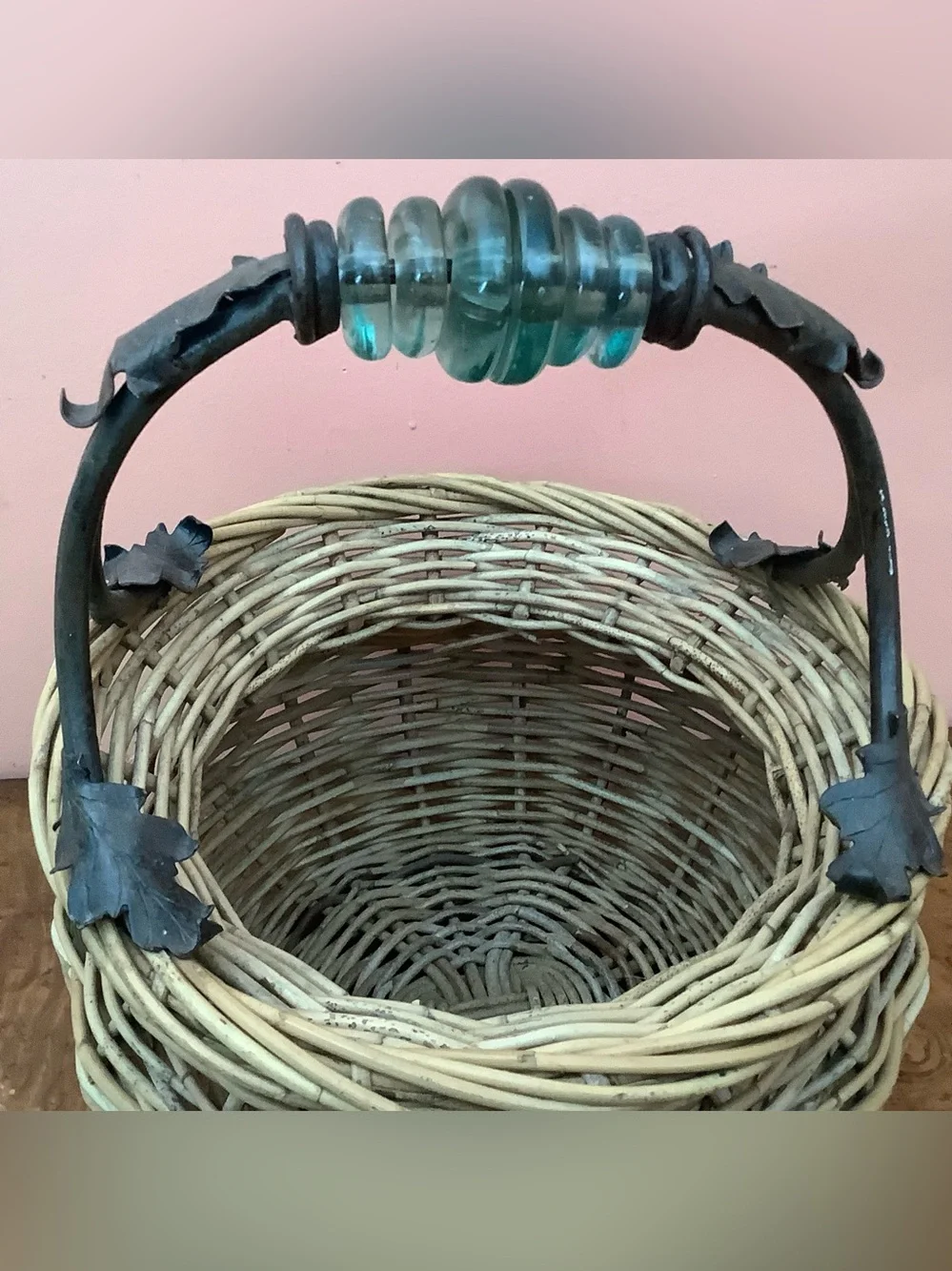 Vintage Handmade Wicker Basket, Wrought Iron Handle, Glass Rings & Oak Leaves